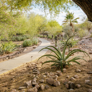 A landscaped walkway with rocks, bushes and trees at Tempe Woman